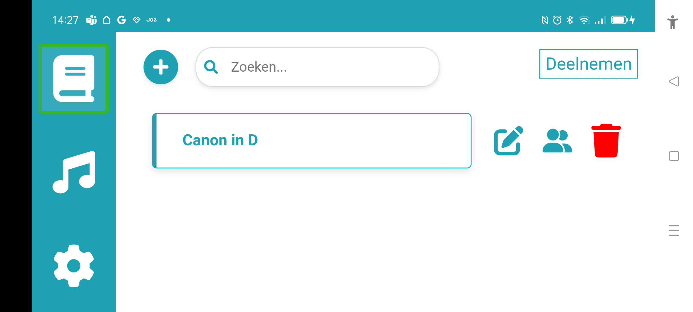 Library screen consisting of the navigation pane at the left, from left to right a round button with a "+" symbol, a search box and a button with the text "deelnemen" (= join in Dutch) at the top. The rest consists of a tile per imported MusicXML file, with a pencil button, a button with 2 persons and a trash button; in this picture there is only one tile called "Canon in D"