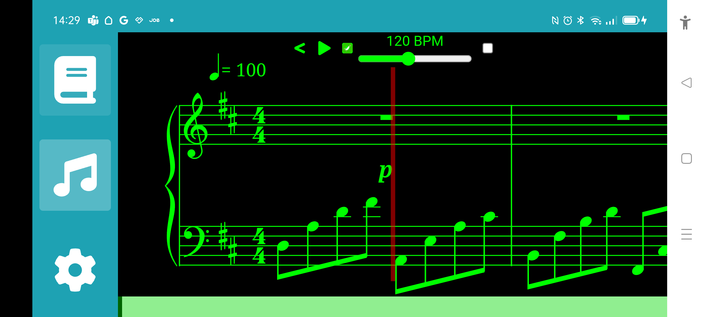 The main sheet music screen consisting of the navigation pane at the left, the control panel at the top, a progress bar at the bottom and the rest displaying the  enlarged sheet music.
The control panel at the top shows from left to right a button with a "<" symbol, a button with a start symbol (filled triangle pointing to the right), a checked checkbox and accompanying slider with on top in text the tempo in BPM, and another unchecked checkbox