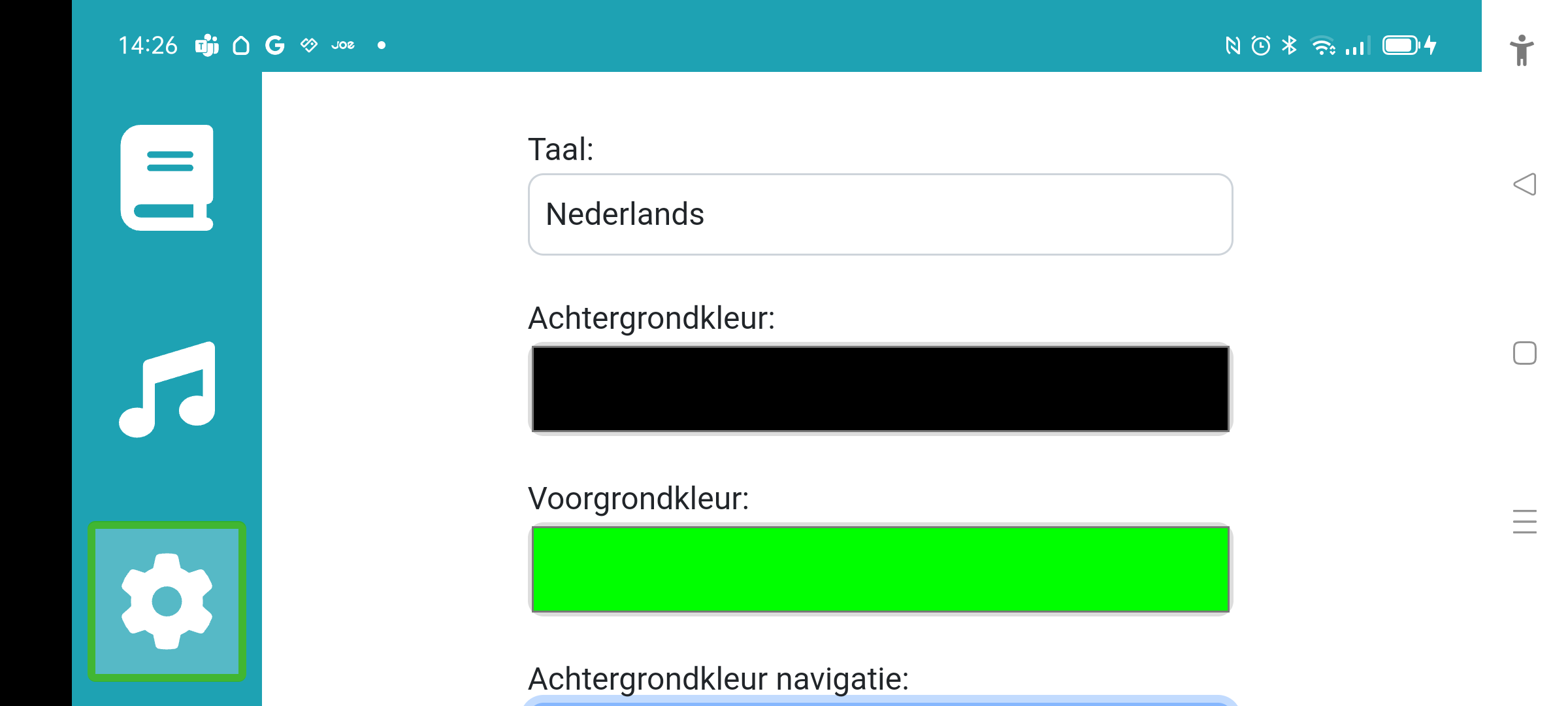 The user settings screen consisting of the navigation panel at the left and a typical settings form. Visible on the image are the language setting as a dropdown menu (Nederlands is selected), background color (black is selected), foreground color (green is selected) and background color for navigation.